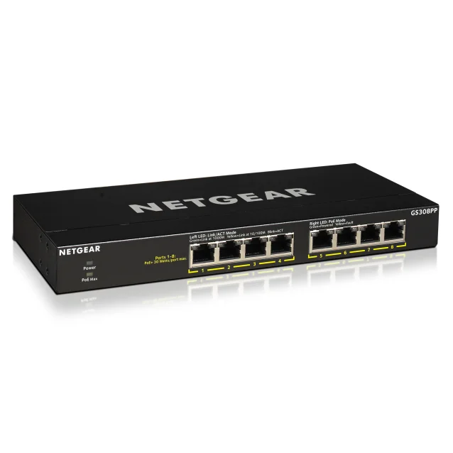 Switch di rete NETGEAR GS308PP Non gestito Gigabit Ethernet (10/100/1000) Supporto Power over (PoE) Nero [GS308PP-100EUS]