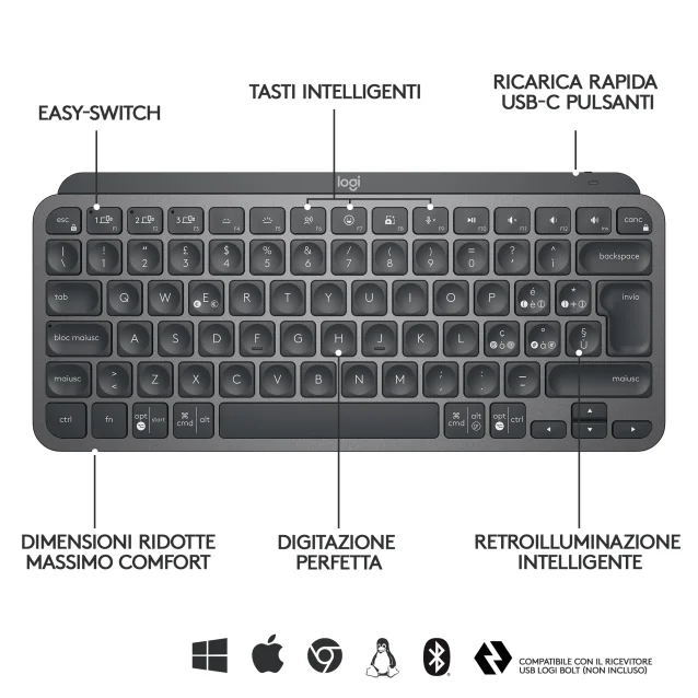 Logitech MX Keys Mini Tastiera Illuminata Wireless, Minimal, Compatta, Bluetooth, Retroilluminata, USB-C, Compatibile con Apple macOS, iOS, Windows, Linux, Android, in Metallo [920-010488]