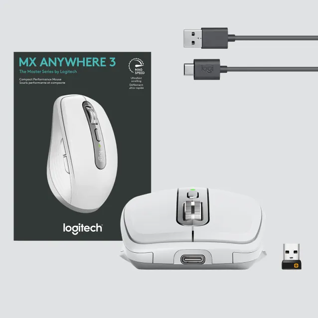 Logitech MX Anywhere 3 Mouse Compatto Performante – Wireless, Scroller Elettromagnetico, Ergonomico, Sensore 4000 DPI, Pulsanti Custom, USB-C, Bluetooth, Apple Mac, iPad, Windows PC, Linux, Chrome [910-005989]